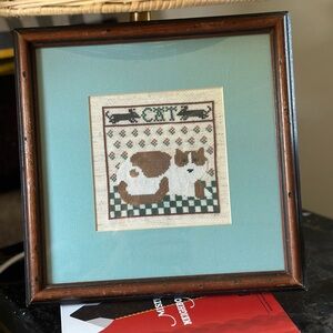 Framed Cat Cross-Stitch Art Handmade Vintage